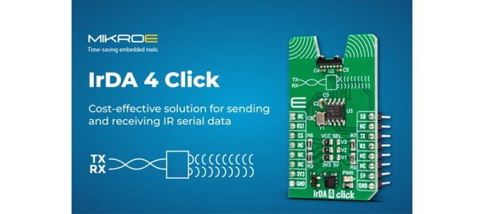 MIKROE’s IrDA 4 Click provides a cost-effective solution for sending and receiving IR serial data