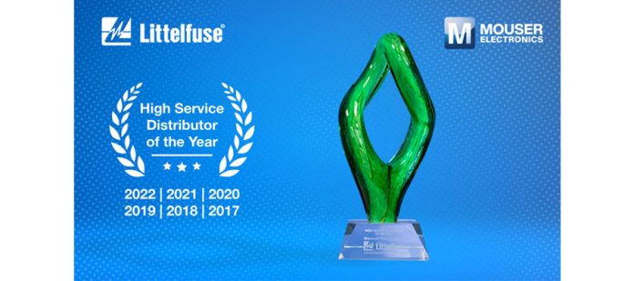 Mouser Electronics Named Global Distributor of the Year by Littelfuse for Sixth Consecutive Year