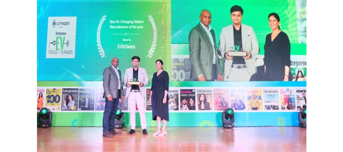 Mayank Jain, CEO, E-Fill Electric receiving 'Star EV charger Manufacturer of the Year Awart' at India EV Show 24